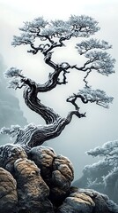 Serene Bonsai Tree Embracing Winter Tranquility On Rocky Terrain Under A Softened Sky Gradient.