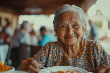 Senior Indian female having lunch at nursing home. Old woman eating food in local community