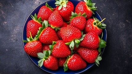 Strawberries on blue plate atop dark surface for healthy eating ads, blog recipes, food products