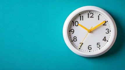White Wall Clock with Yellow Hands on a Teal Background