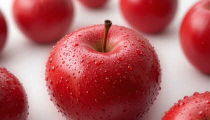 Fresh Red Apples with Water Droplets Displayed on a White Surface