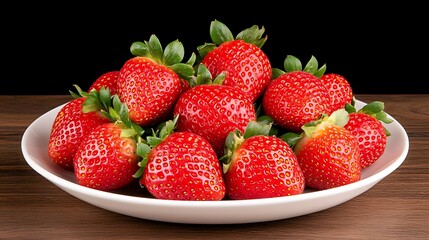 Strawberries on plate, dark background, on table. Use food, healthy, delicious, fresh