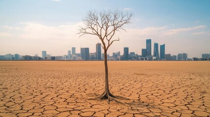 Climate Change drought idea. A solitary dry tree stands amidst a barren landscape against an urban skyline.