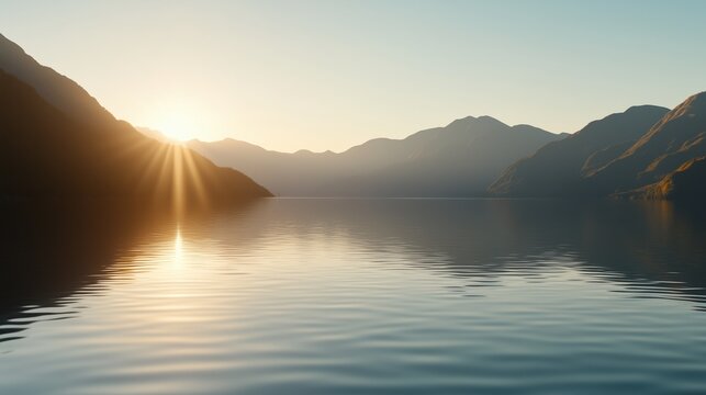A beautiful lake with mountains in the background. The sun is setting, casting a warm glow on the water. The scene is peaceful and serene