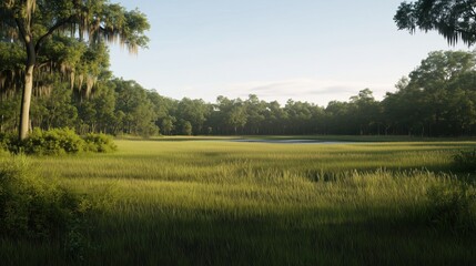 A lush green field with a pond in the middle. The sky is clear and the sun is shining brightly