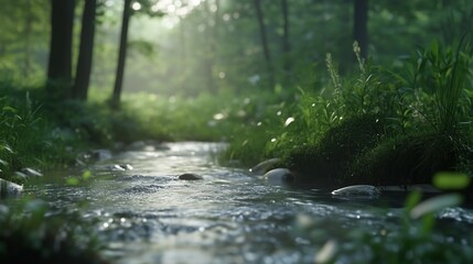 A stream of water flows through a forest, with the sunlight shining through the trees. The water is calm and peaceful, and the surrounding vegetation adds to the serene atmosphere