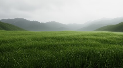 Fototapeta premium A vast, green field with a few mountains in the background. The sky is cloudy and the grass is wet