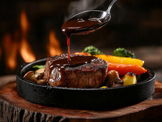 Fototapeta premium Hot juicy grilled beef steak with vegetables and gravy pouring from a spoon