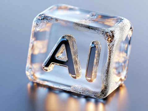 Artificial intelligence frozen in ice cube: symbol of cold calculation and future tech