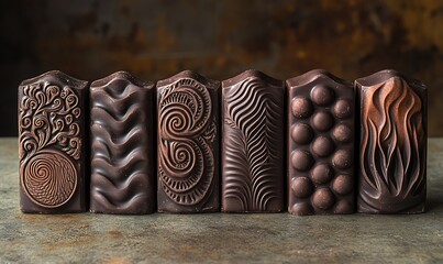 Obraz premium Six Dark Chocolate Bars with Intricate Surface Designs