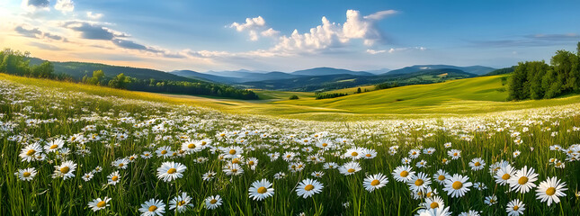 Beautiful spring and summer natural panoramic pastoral landscape with blooming field of daisies in the grass in the hilly countryside. © Prasanth