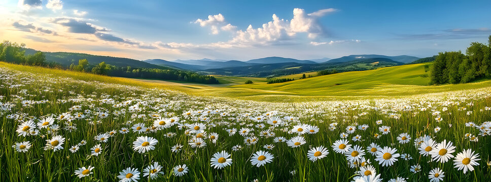 Beautiful spring and summer natural panoramic pastoral landscape with blooming field of daisies in the grass in the hilly countryside.