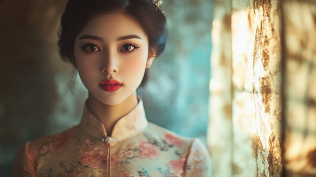A young Thai woman in a traditional Chinese qipao
