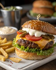 Delicious cheeseburger with fries and sauce.