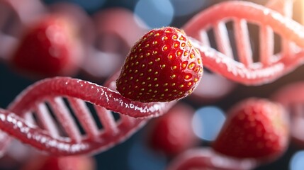 Strawberry on DNA strand for genetic modification concept, blurred food in back