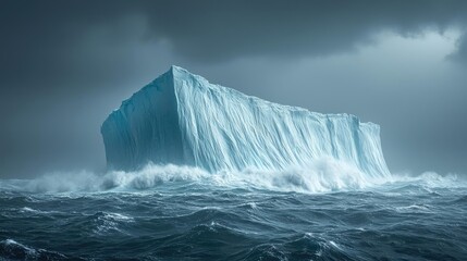 Iceberg melting idea. A majestic iceberg looms over turbulent ocean waves under a moody sky.