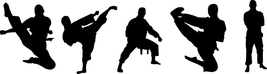karatekas collection, set silhouette, vector on white background