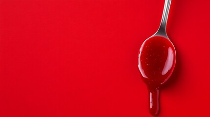 Strawberry sauce drips off spoon against flat red background, possibly for culinary ads