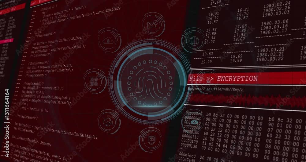 Poster animation of digital encryption interface with coding and data on red background