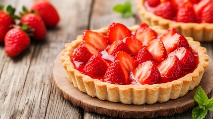 Strawberry tart rests on wood, others blur behind. Use for dessert menu or promotion