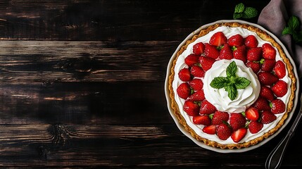 Strawberry tart sits on dark wood table, herbs, linen, dessert menu