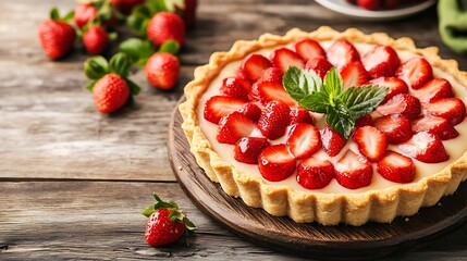 Strawberry tart on table with berries. Dessert, pastries, baking recipe background, food photography use