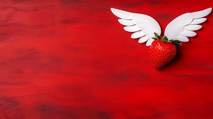 Strawberry with wings flying on red. Romantic, celebratory, for sweet products, food