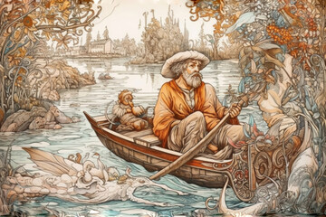 Obraz premium fisherman in a boat, stylized watercolor in retro style, , Generative AI