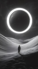 A Journey into the Unknown: A solitary figure stands in silhouette on a surreal, desolate landscape beneath a celestial, radiant halo, creating a scene of mystery and introspection.