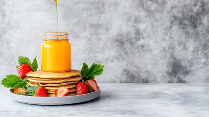 Syrup pours on pancakes with strawberries on plate, kitchen counter backdrop, for breakfast ads