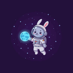 Naklejka premium Astronaut Rabbit Floating in Space Holding a Glowing Blue Orb