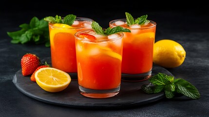 Three beverages with mint garnish on dark stone plate. Summer drink concept for food blog or party