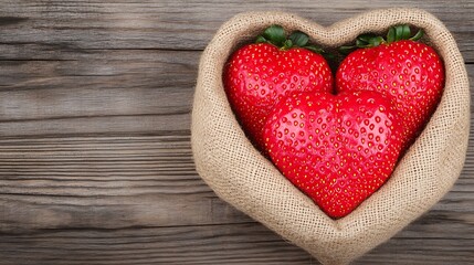 Three strawberries in heart-shaped burlap sack sitting on weathered wood for dessert food photography