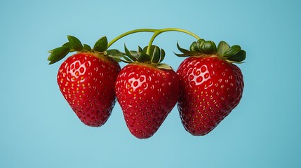 Three strawberries on pale blue. Fresh dessert ingredient concept. Isolated, simple food. Use ad, website