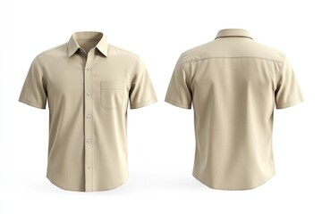 Beige short-sleeved shirt mockup template on a white background, front and back view. Mock-up of a man's business casual dress with a collar for design presentation,