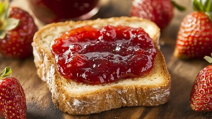 Toast with strawberry jam on board. Strawberries blurred behind. Use breakfast blog