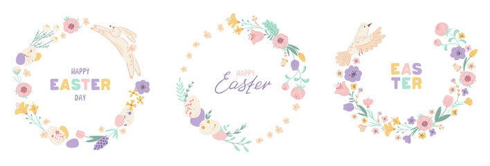 Set Easter wreaths with cute rabbit, bird, eggs, spring flowers and branches on white background. Decorative frame with lettering. Design for your greeting cards, banners, flyers. Vector illustration