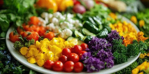 Variety of fresh vegetables and fruit on a plate. Healthy, colorful meal options.
