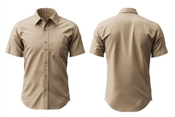 Beige short-sleeved shirt mockup template on a white background, front and back view. Mock-up of a man's business casual dress with a collar for design presentation,