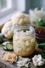 Cucumber and cabbage in a mason jar, ready for fermentation process.