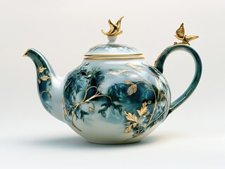 Elegant teapot, gold accents, floral design, white background, tea time