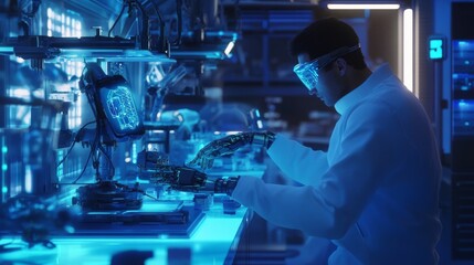 A technician repairing a sophisticated robot in a high-tech lab, with holographic diagnostic tools and blue lighting
