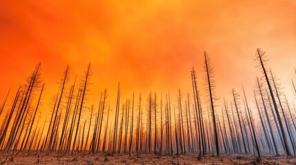 Climate Change drought concept. A dramatic landscape of burned trees against an orange sky, symbolizing fire's impact.