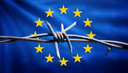 Generated image Barbed wire against eu flag symbolizes economic sanctions and restrictions 