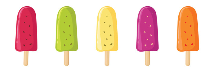 Set of cute summer fruit ice cream of different colors and flavors. Strawberry, lemon, berry and apple. Vector images of frozen juice on a transparent background. Collection of scrapbooking stickers.