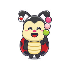 Obraz premium ladybug eating dango. mascot cartoon character vector illustration.