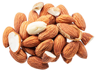 Almond nuts in shell and cracked almonds isolated on white background. File contains clipping path.
