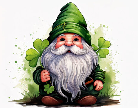 st patricks day gnome holding a clover in hand, cartoon cute st patrick's day isolated on white, green hand drawn gnome element card background	Adobe Illustrator Artwork