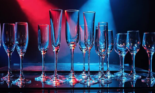 Elegant display of various glassware illuminated by vibrant red and blue lights in a festive setting