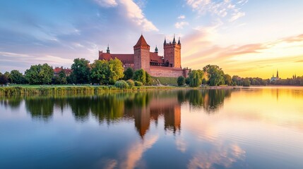 Obraz premium A picturesque castle reflected in calm waters during sunset, surrounded by lush greenery and vibrant skies.